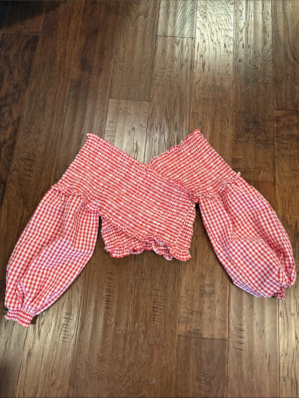 Zara Red and White Gingham Off-Shoulder Smocked Top